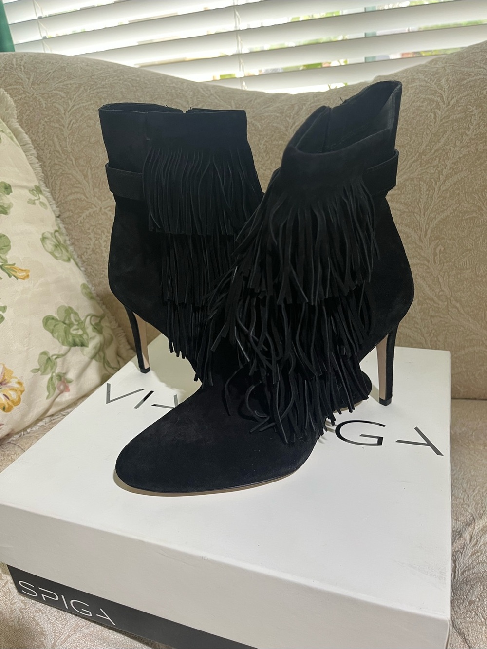 Via Spiga Black Suede Fringe Ankle Boots
